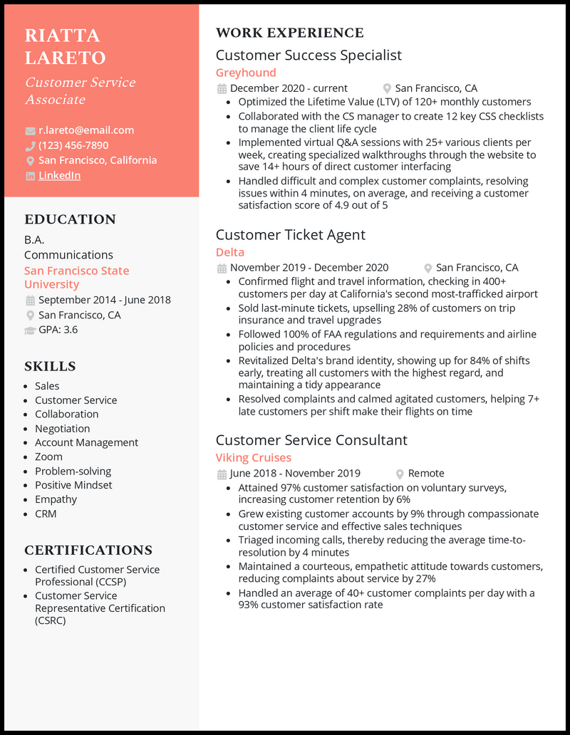 Customer Service Associate Resume Example with 5 years experience