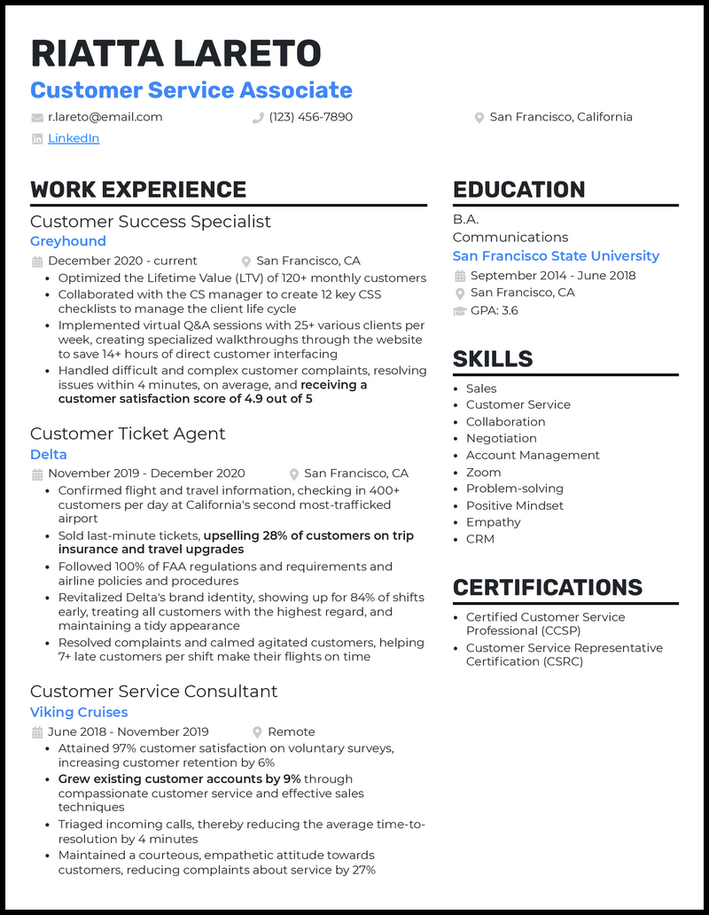 Customer service associate resume example with 5 years' experience