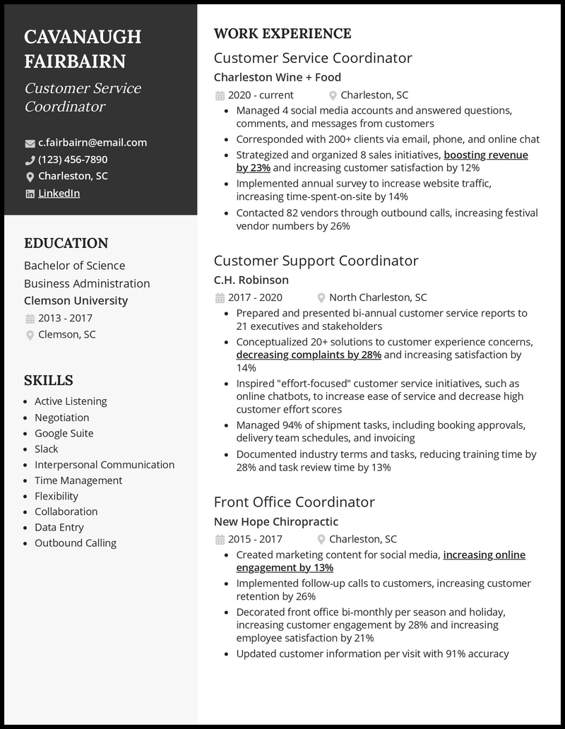 Customer service coordinator resume example with 6+ years experience