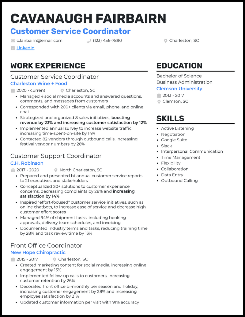 Elegant customer service coordinator resume example