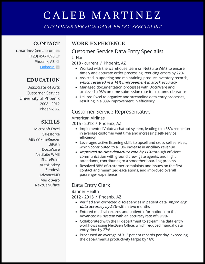 Customer service data entry resume example with 11 years of experience