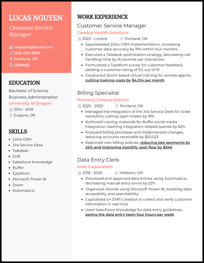 5 Customer Service Manager Resume - Customer Service Manager 4 Salmon Resume Example