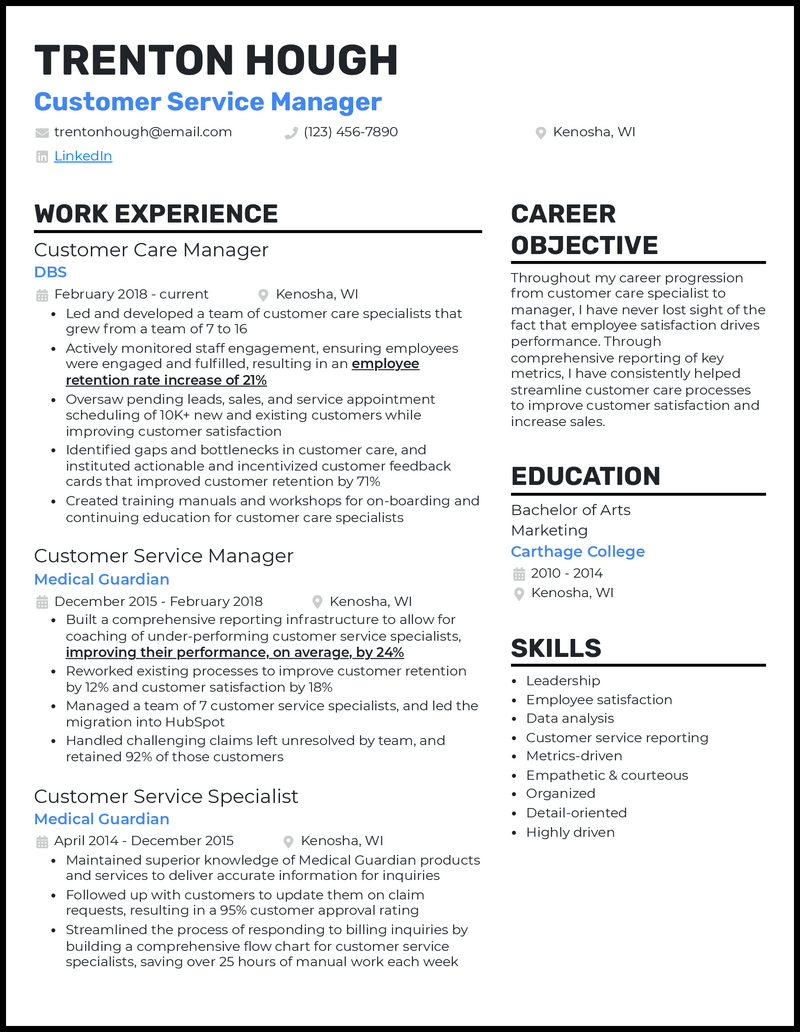 customer service manager resume linkedin