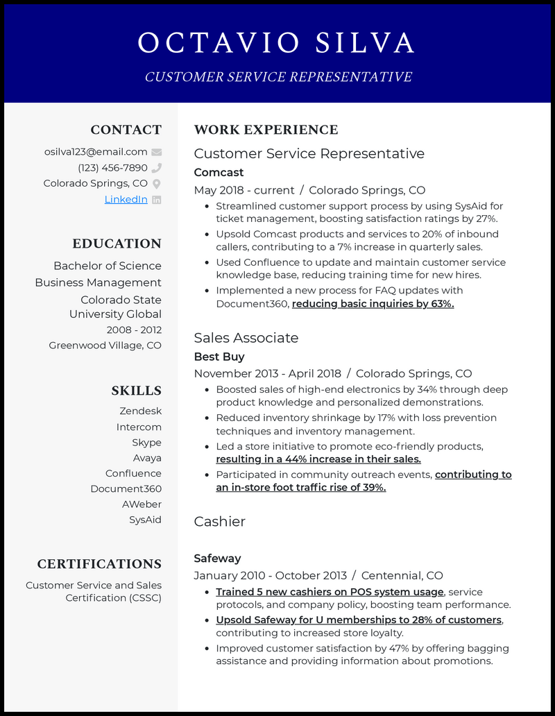 Formal customer service representative resume example with 5+ years experience