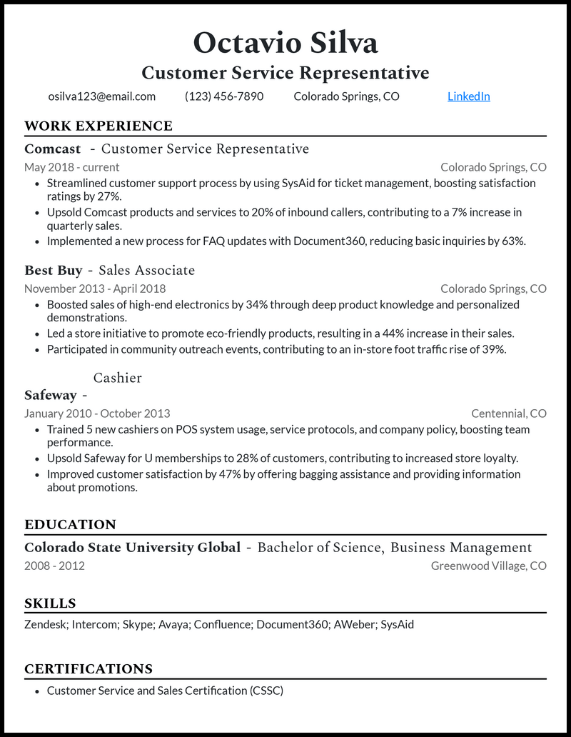 Elegant customer service representative resume example with 5+ years experience