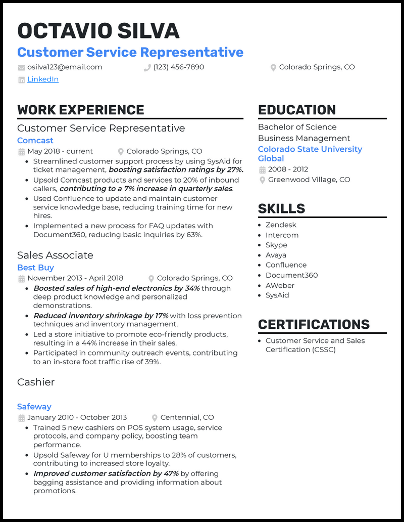 Customer service representative resume example with 5+ years experience