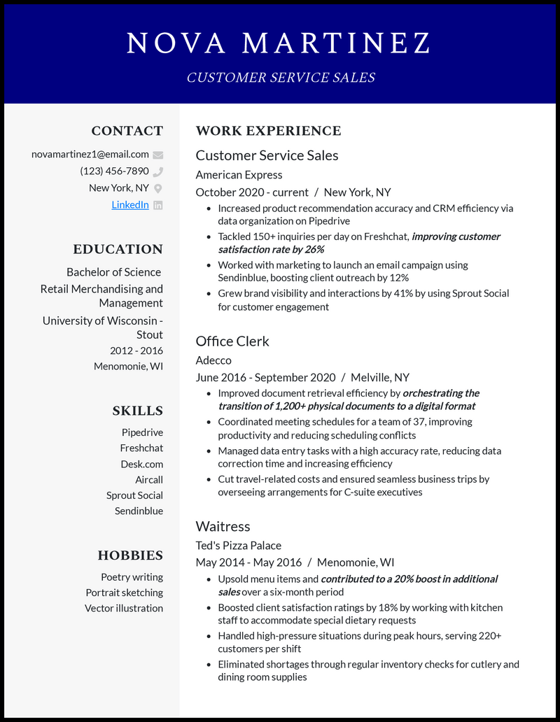 Customer service sales resume example with 7+ years experience