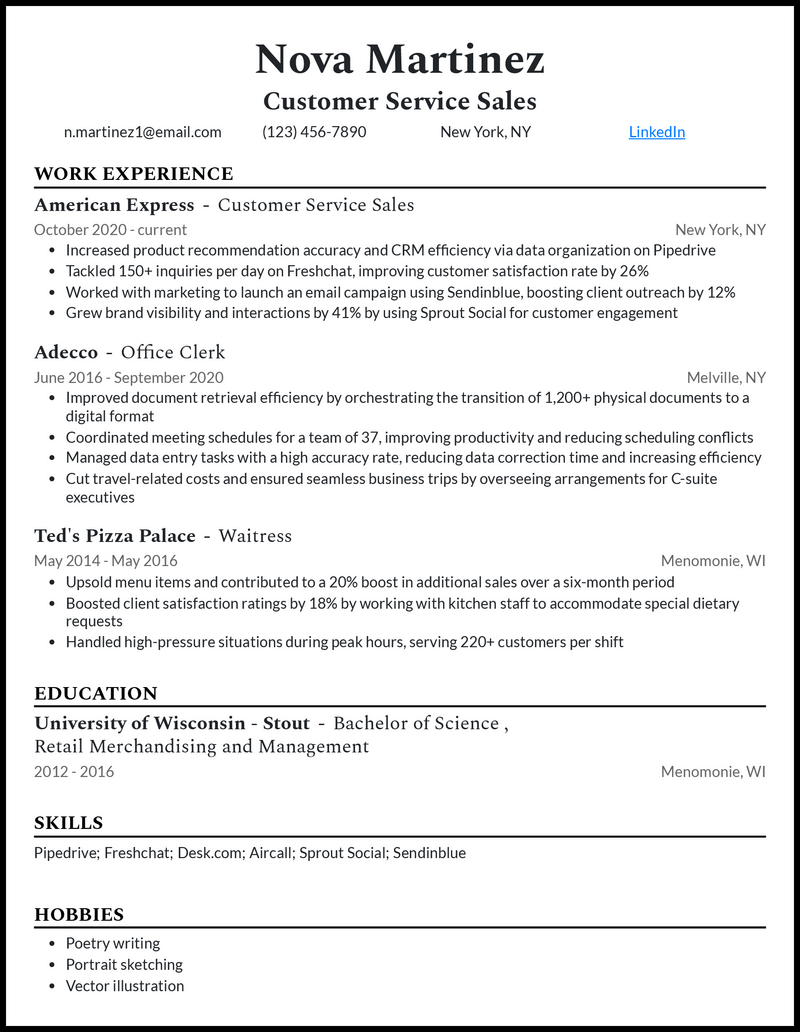 Clean customer service sales resume example with 7+ years experience