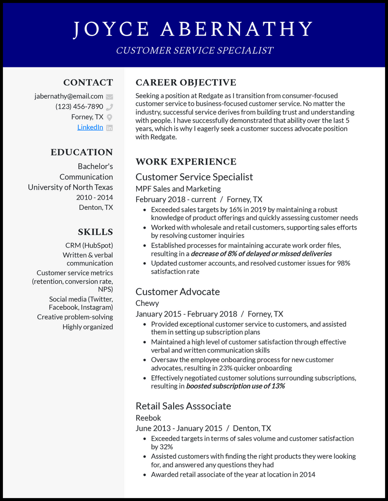 Clean customer service specialist resume example with 7+ years experience