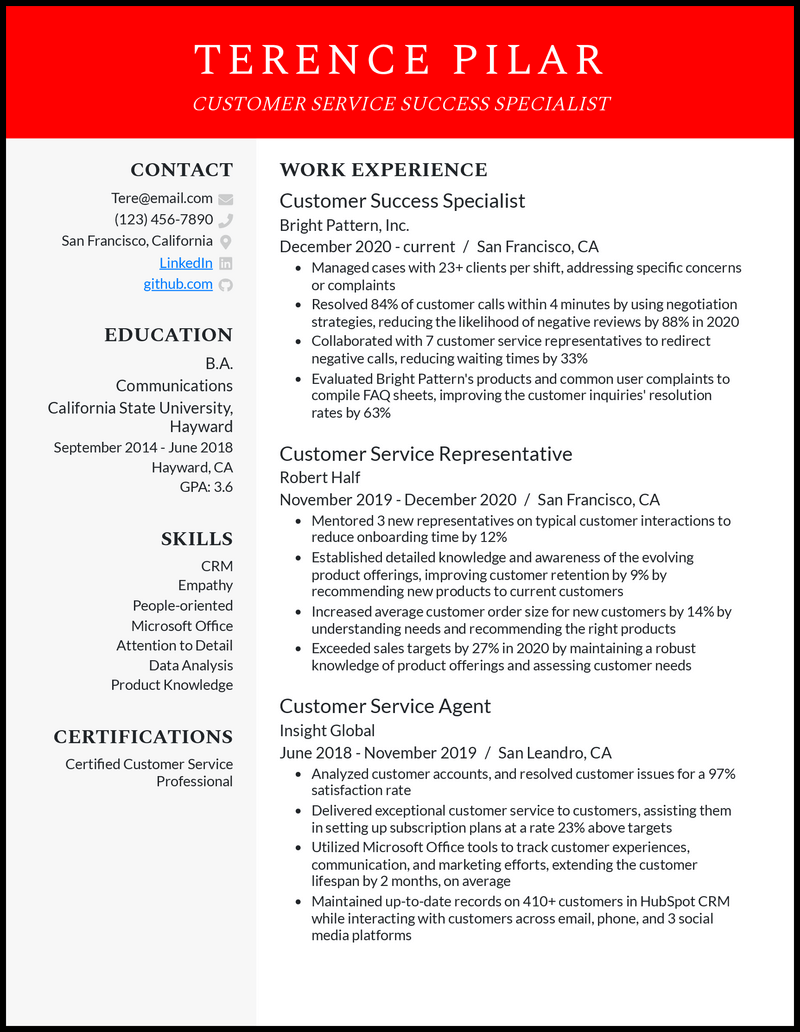 Customer Service Success Specialist Resume Example with 5 years experience