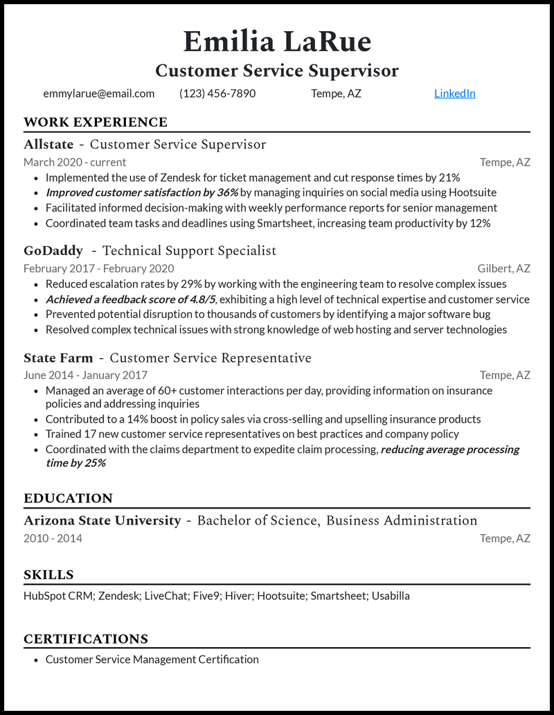 resume examples for customer service supervisor