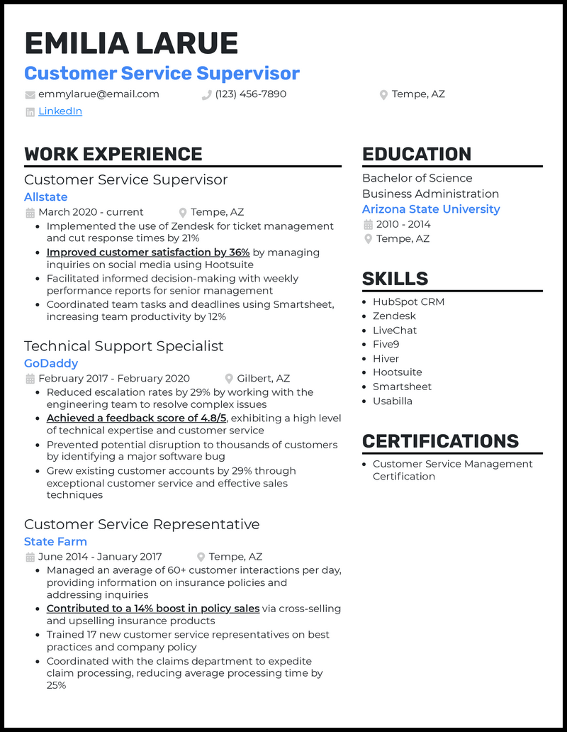 customer service supervisor resume example