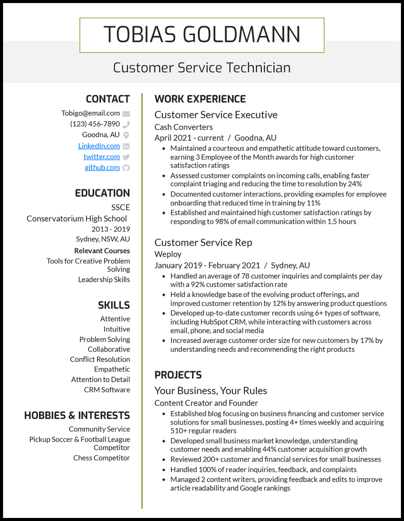 Customer Service Technician Resume Example with 4 years experience