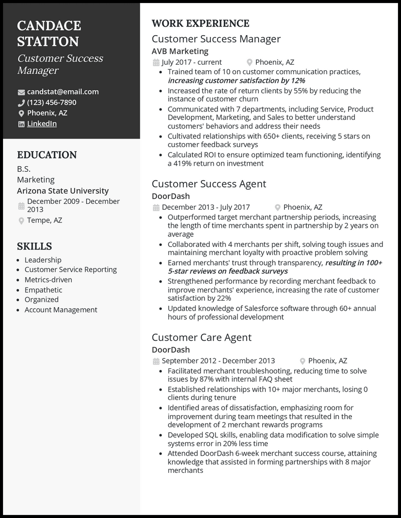 Customer success manager resume example with 5+ years experience