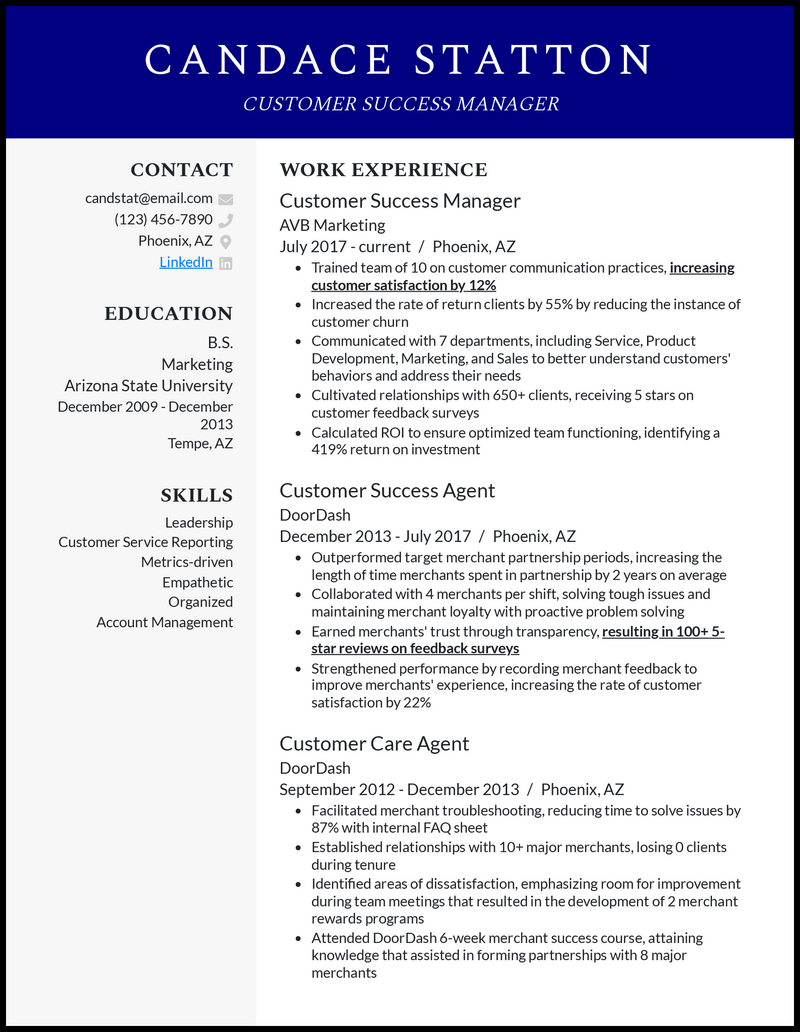 Formal customer success manager resume example