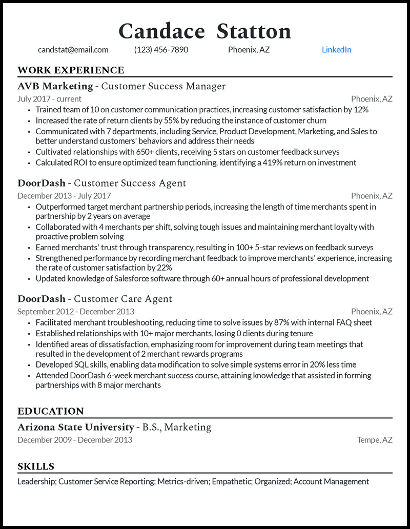 Customer Success Manager Resume Example