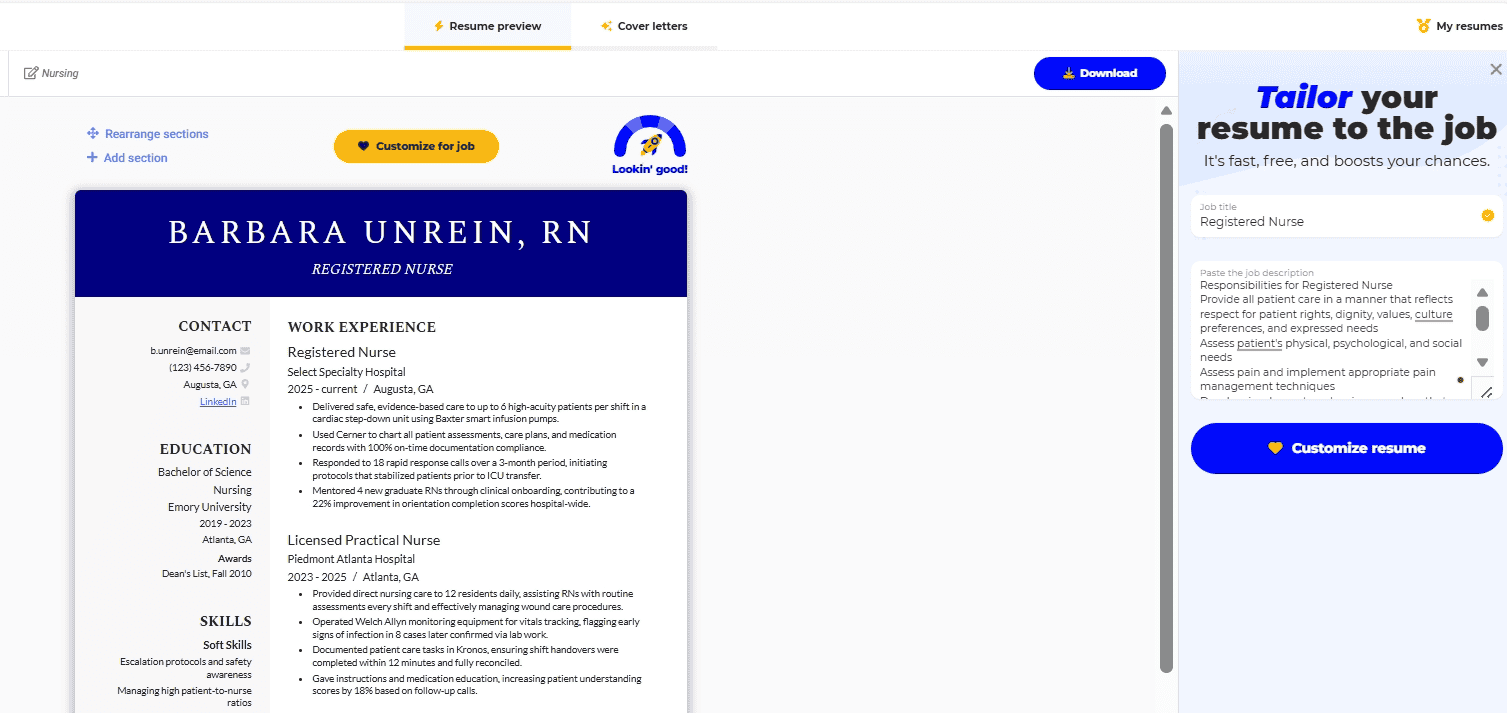 BeamJobs’ nursing resume-tailoring feature