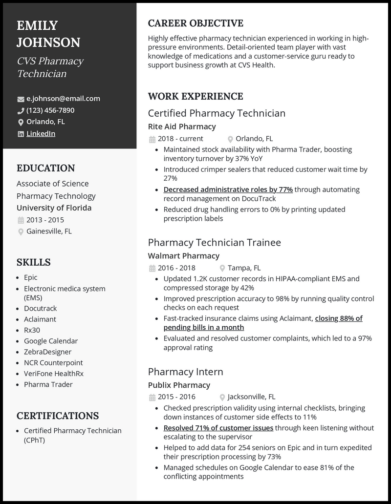 CVS pharmacy technician resume example with 5 years of experience