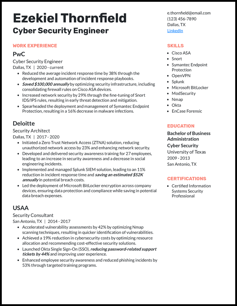 15 Cyber Security Resume Examples - Cyber Security Engineer Salmon Resume Example