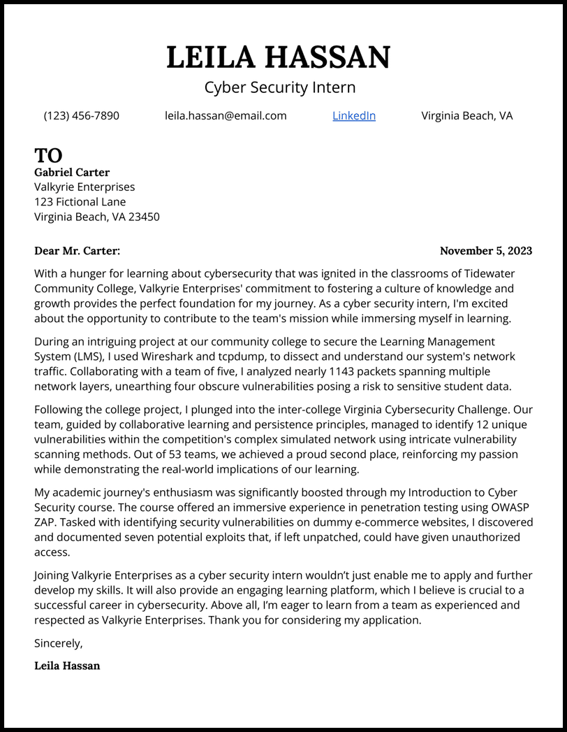 Cyber security internship cover letter example