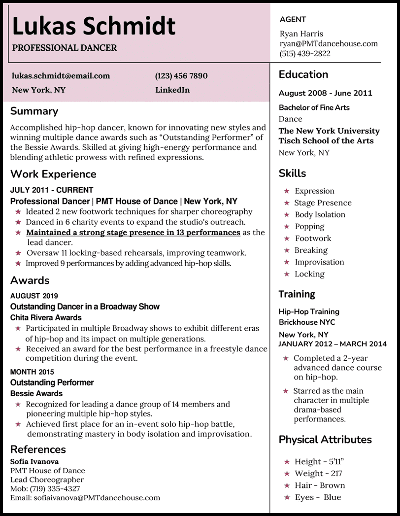 Dance resume template for Word and Google Docs