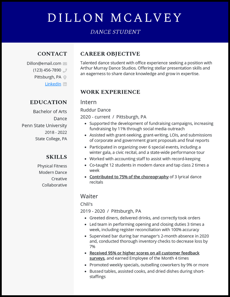 Clean dance student resume example with 4+ years experience