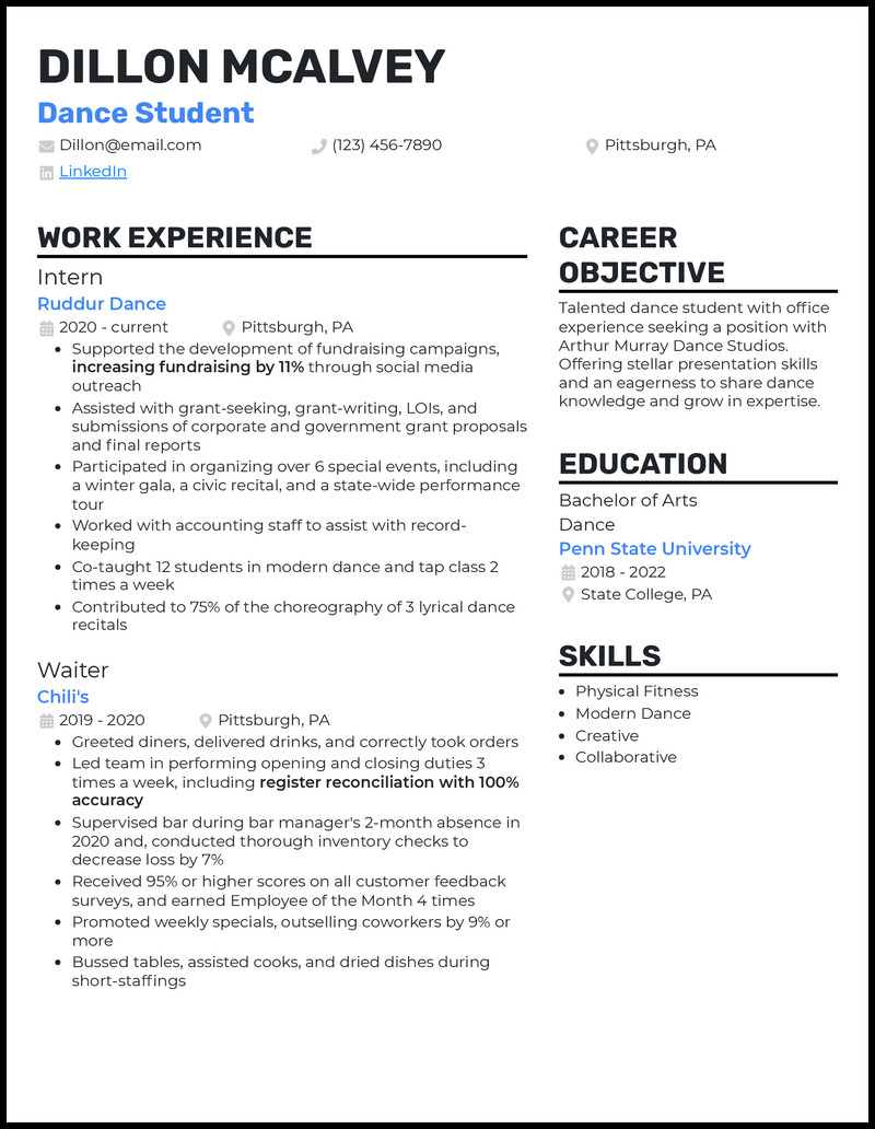 Dance student resume example with 4+ years experience