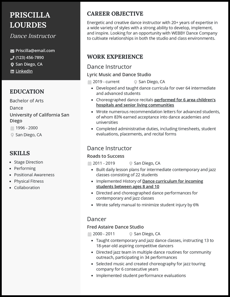 Clean dance teacher resume example with 8+ years experience