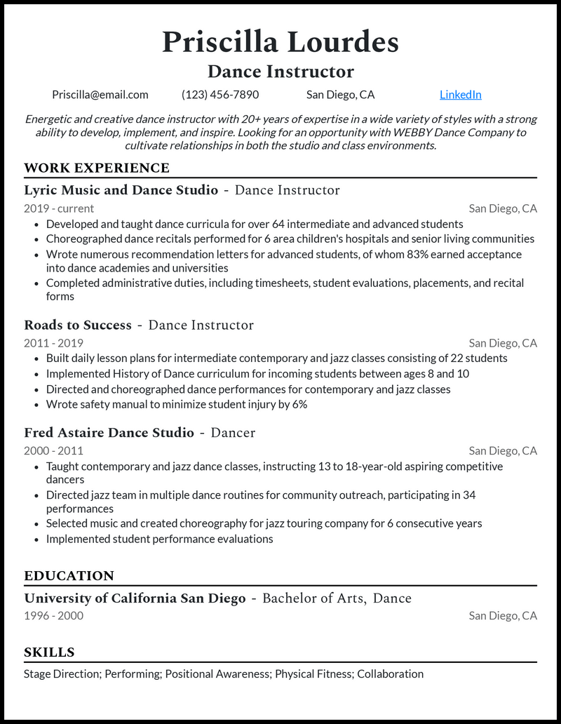 Modern dance teacher resume example with 8+ years experience