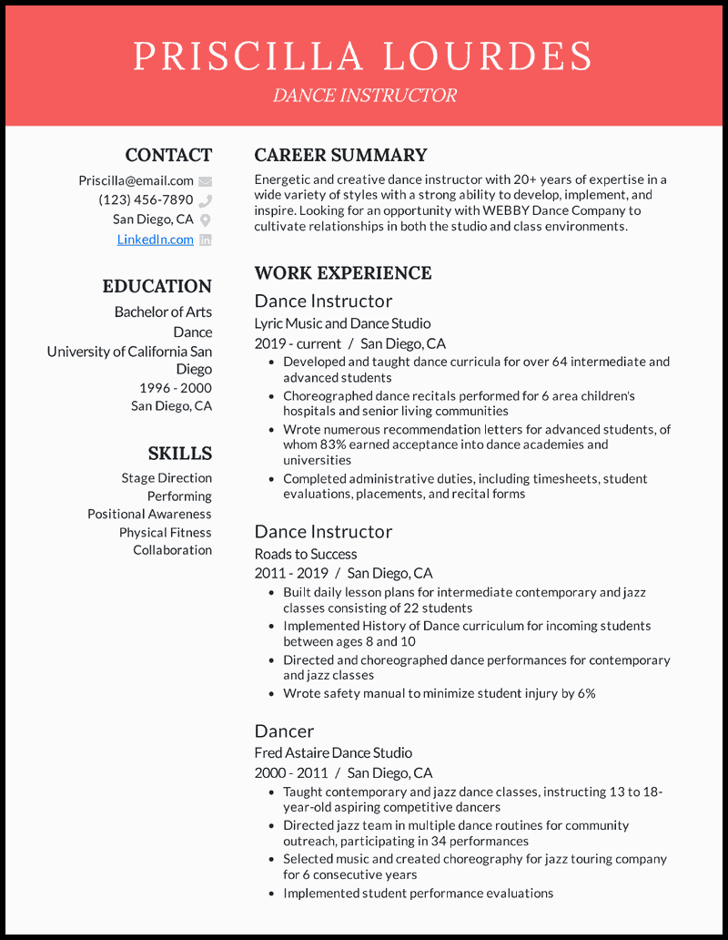 professional dance resume template