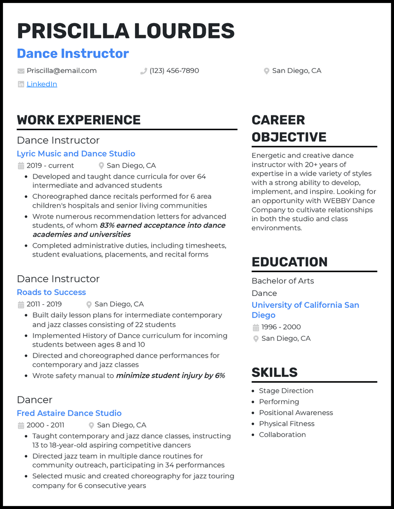 Dance teacher resume example with 8+ years experience