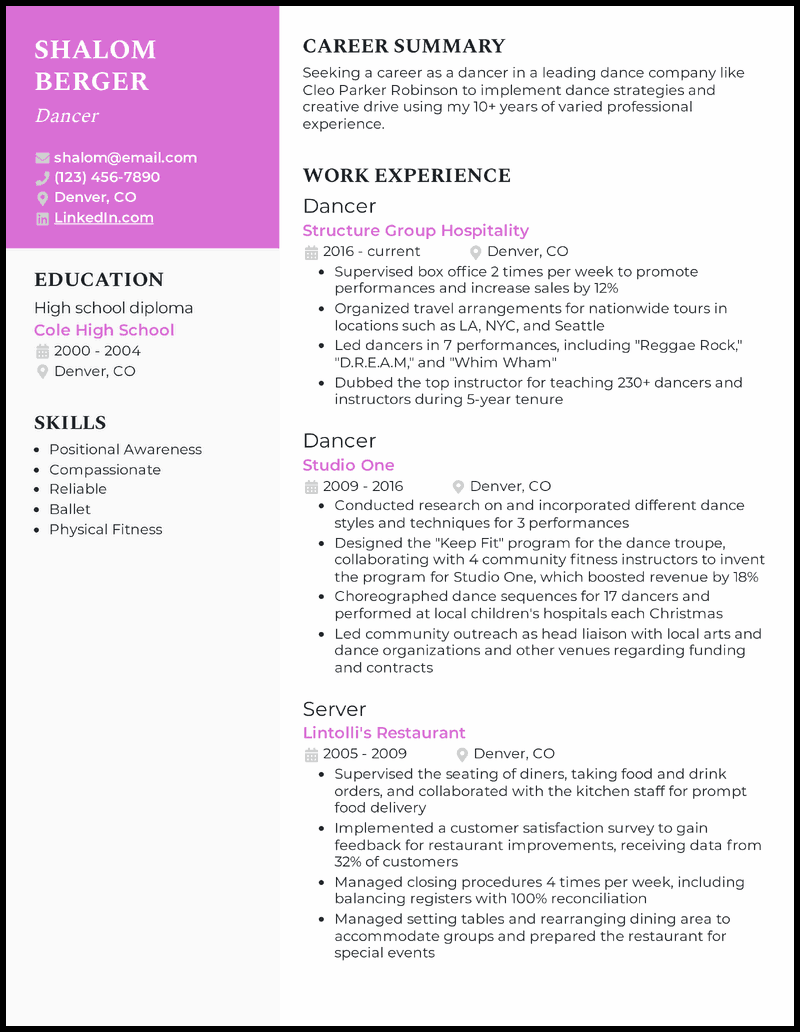 Dancer resume example with 13 years of experience