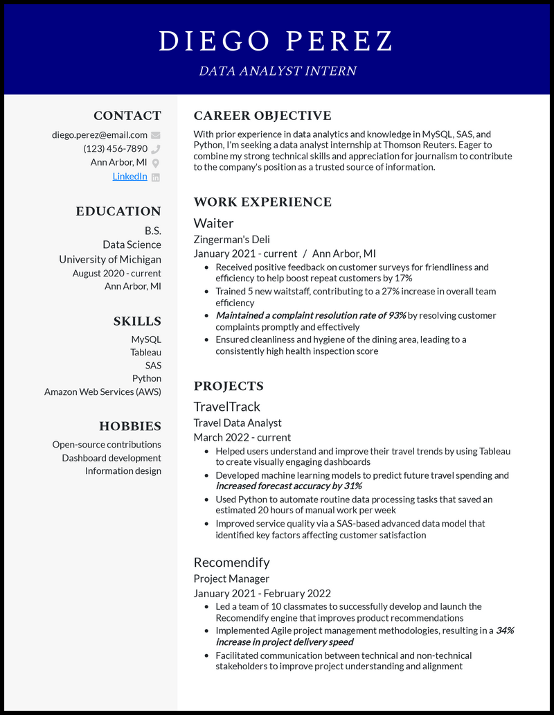 Data analyst intern resume example with no experience