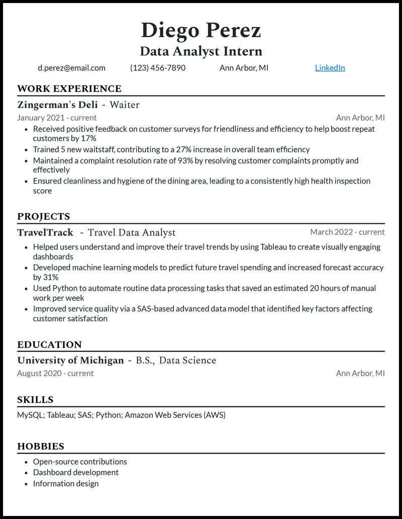 Clean data analyst intern resume example with no experience