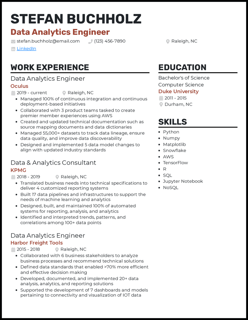 Data analytics engineer resume example with 8 years of experience