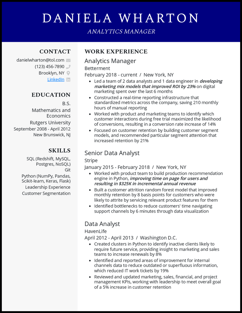 Data analytics manager resume example