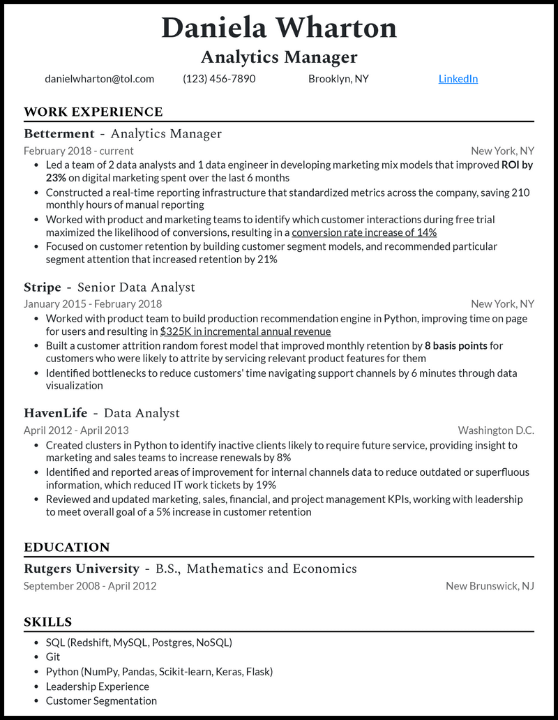 Modern data analytics manager resume sample