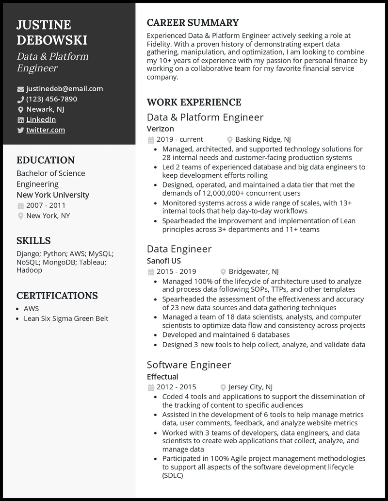 Data And Platform Engineer Resume Example 