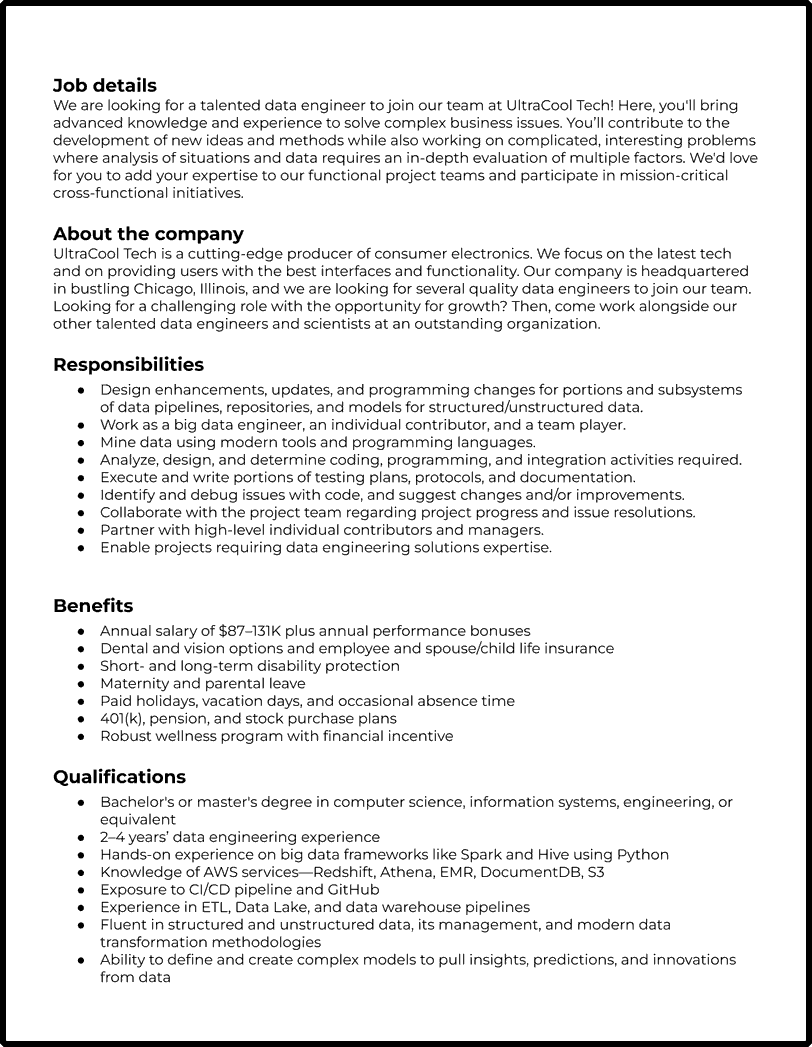 Data Engineer Description Template