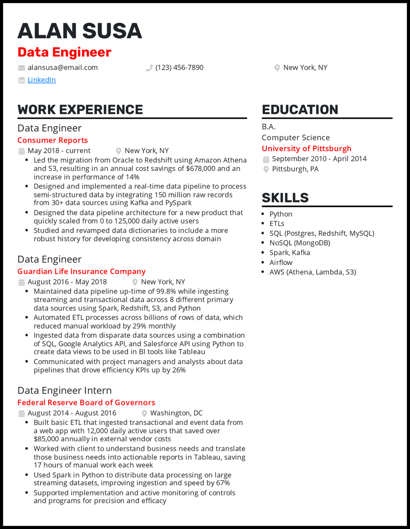 22 Data Engineer Resume Examples That Work in 2024