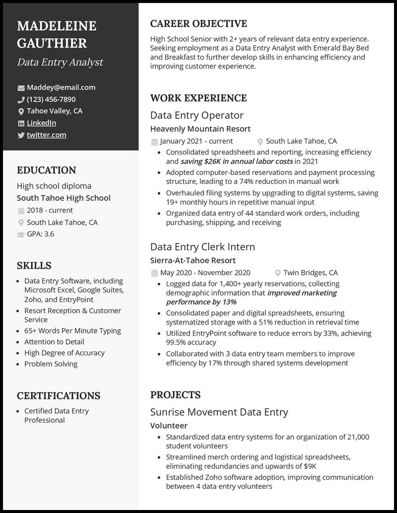 Professional data entry analyst resume example with no experience