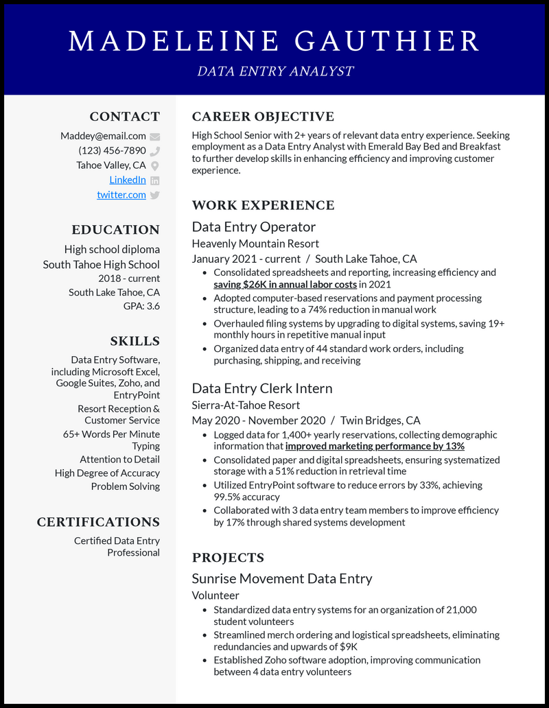 Formal data entry analyst resume example with no experience