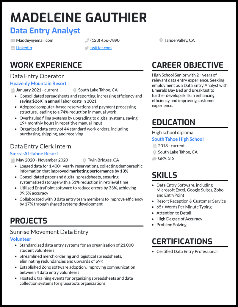 Data entry analyst resume example with no experience