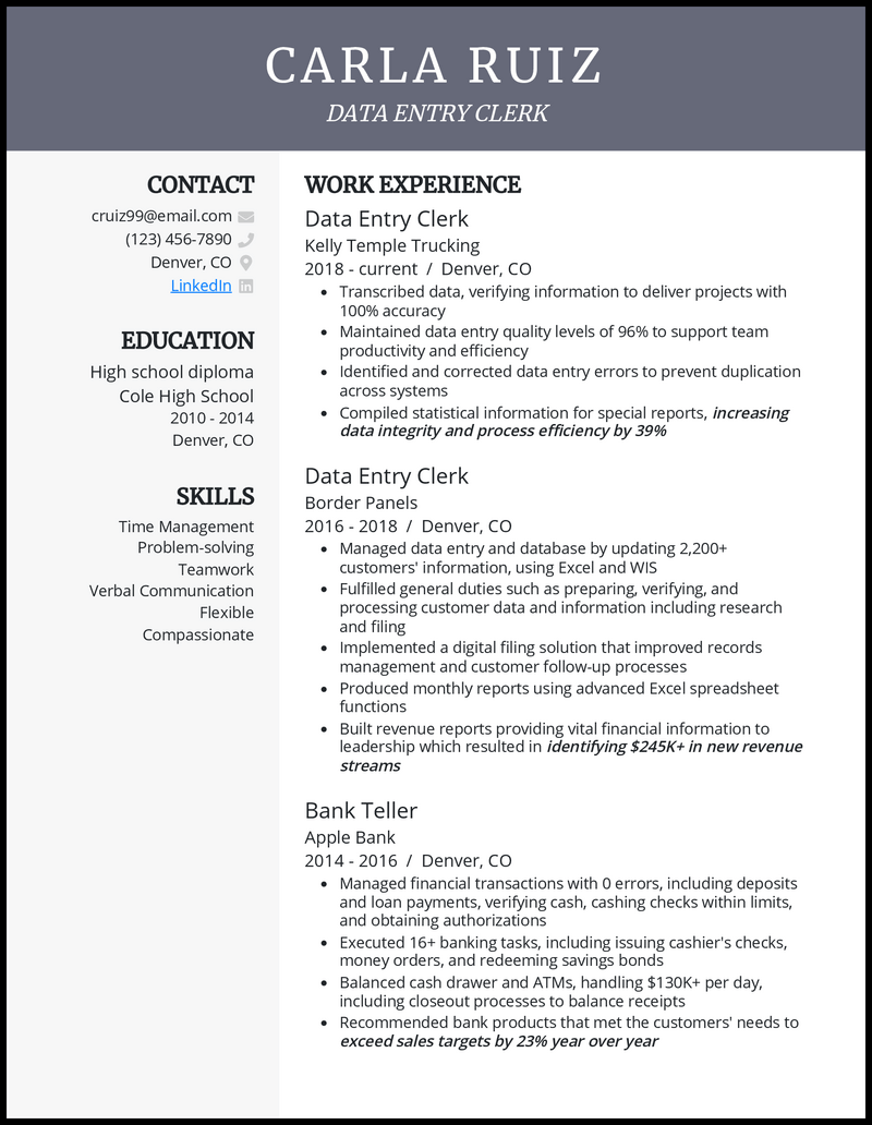 Data entry clerk resume example with 7 years experience