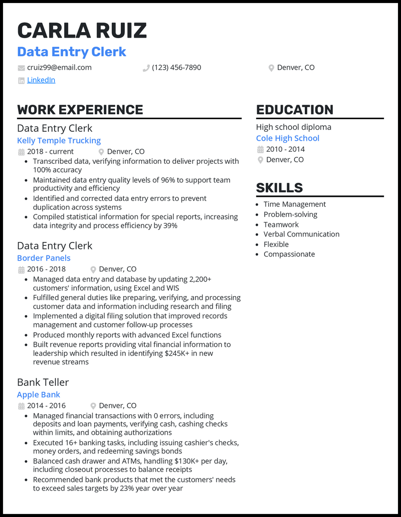 3 Data Entry Clerk Resume Examples for 2024