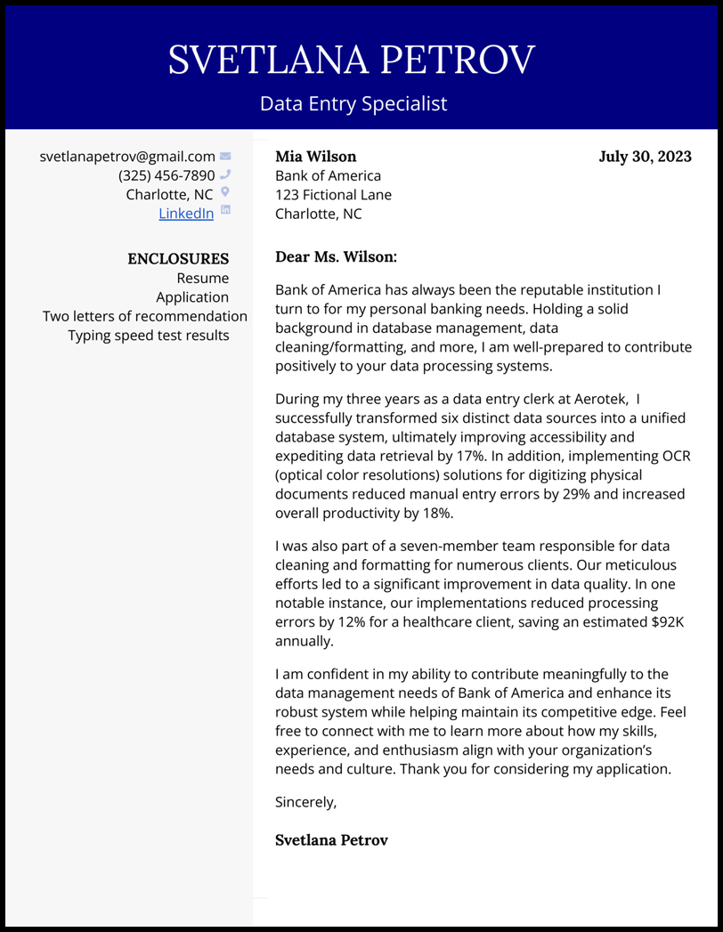 Data entry cover letter example