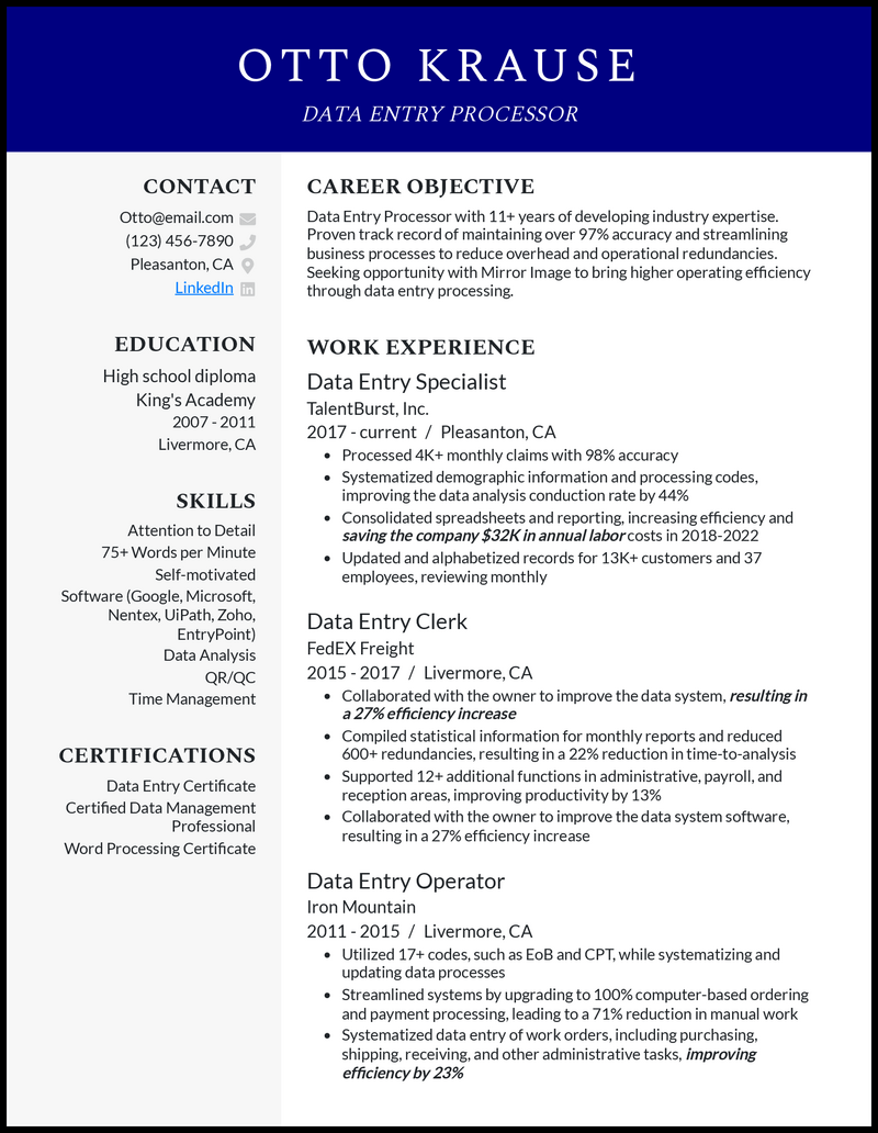 Professional data entry processor resume example