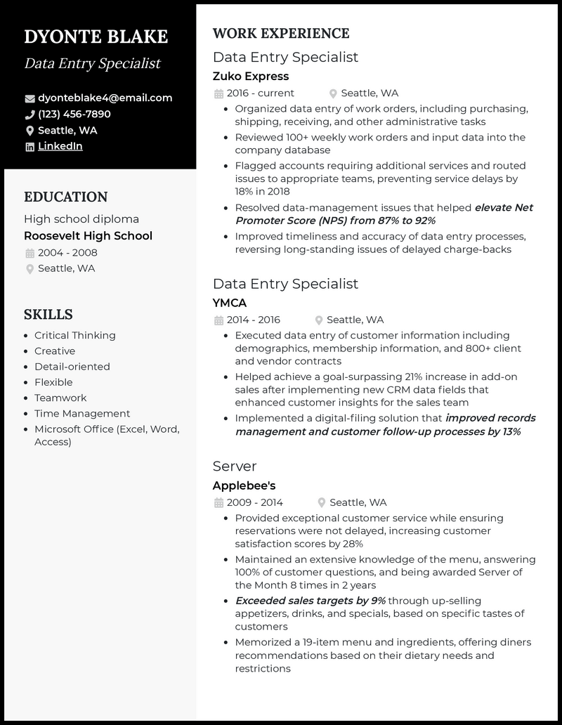 Modern data entry specialist resume example with 9 years experience