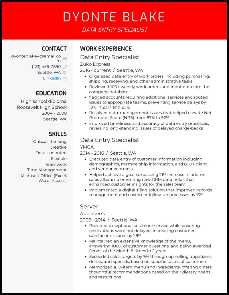 data entry job resume sample