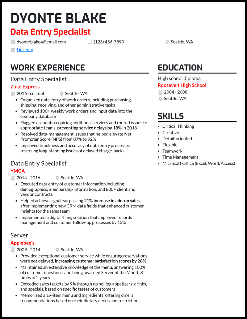 Data entry specialist resume example with 9 years experience